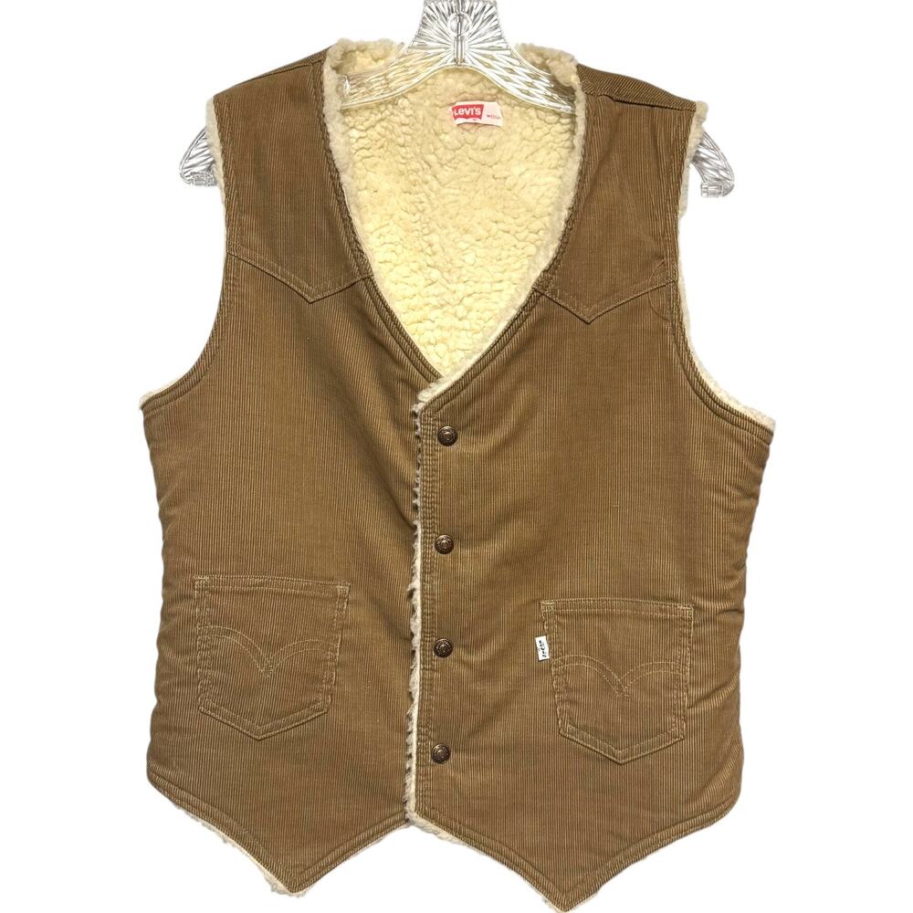 Levi's Sherpa Lined Corduroy Vest Vintage 70s Made in USA Tan Cream Medium